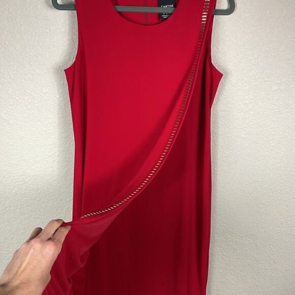 Cartise Lipstick Red Sleeveless Shift Dress with Gold Metal Bar Ladder Detail 2 - Picture 4 of 9